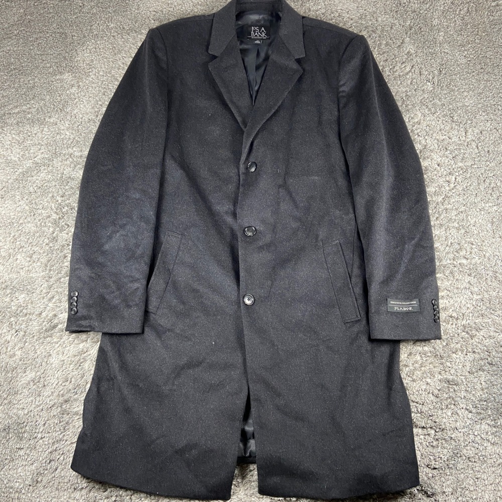 Jos A Bank Overcoat Mens 44 Long Black Executive Collection Wool Blend Top Coat